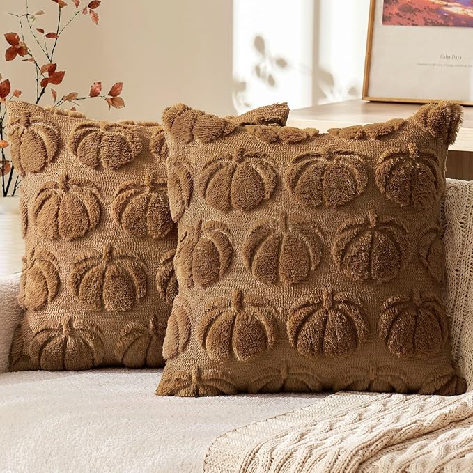 MIULEE Fall Pillow Covers Pumpkin Fall Decor 20x20 Brown | Set of 2 Fall Decorations for Home, Plush Faux Fur Farmhouse Accent Pillowcases, Porch Sofa Couch Cushion Bed Livingroom