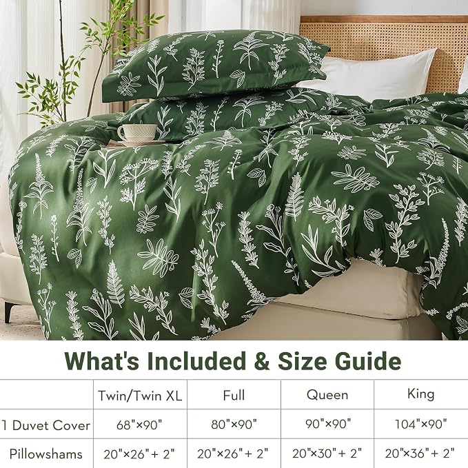 MUXHOMO Duvet Cover Queen Size, Reversible Floral Dark Green Duvet Cover Set with Zipper Closure, 3 Pieces Botanical Patterns Soft Microfiber Bedding Set with 4 Ties (90"x90", 2 Pillow Cases)
