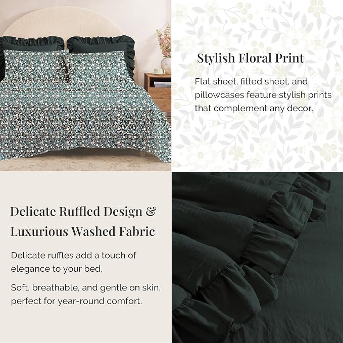 Queen Comforter Set-7 Pieces Ruffle Bedding with Floral Sheet | Forest Green Bed in a Bag, Soft Lightweight All Season Farmhouse Queen Bedding Sets with Floral Sheets, Pillowcases & Shams
