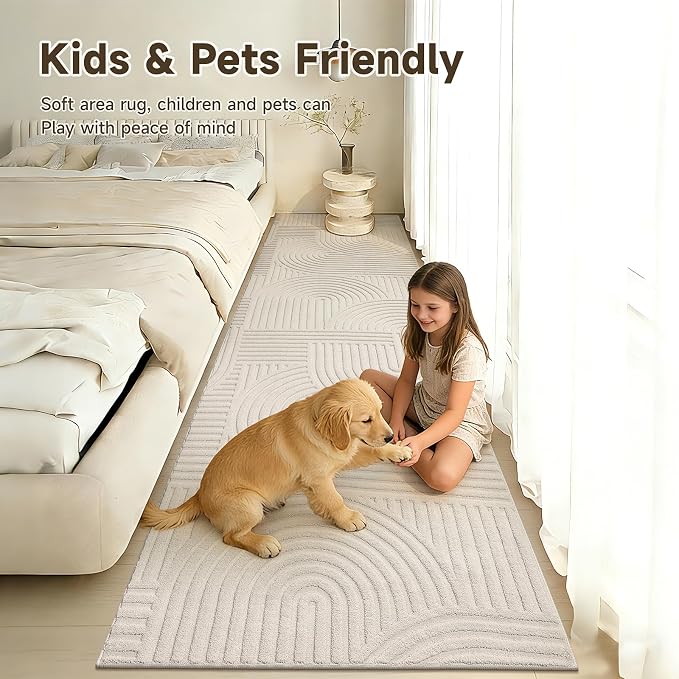 Pauwer 3x10 Area Rugs for Living Room, Modern Non Slip Washable Rug, Beige | Arch Pattern, Soft Fluffy, Neutral, Boho Accent, Solid Color Floor Carpet, For Kids Room Dining Room Nursery Entryway