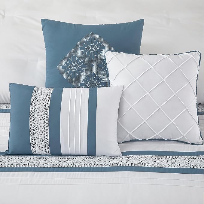 7 Piece Comforter Set, Blue White, California King, Boho Style Geometric Microfiber Embroidery, Bed in a Bag with Bedskirt, Pillow Shams and Decor Pillows