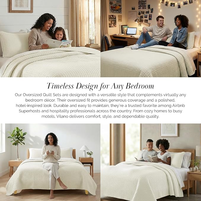 Southshore Fine Living, Inc. Oversized King Quilt Bedding Set, Soft Quilted Bedspread, Wrinkle Free and Pet Hair Resistant Bedding, Quilted Coverlet Set w/2 Pillow Shams, Cream Quilt King Bedspread