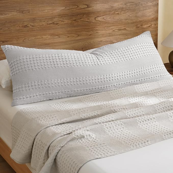 PHF 100% Cotton Waffle Body Pillowcase with Zipper, 1 Pack 20" x 54" Soft Skin-Friendly Pillow Sham, No Filling, Aesthetic Woven and Breathable Waffle Weave Body Pillow Cover for Bed, Light Grey