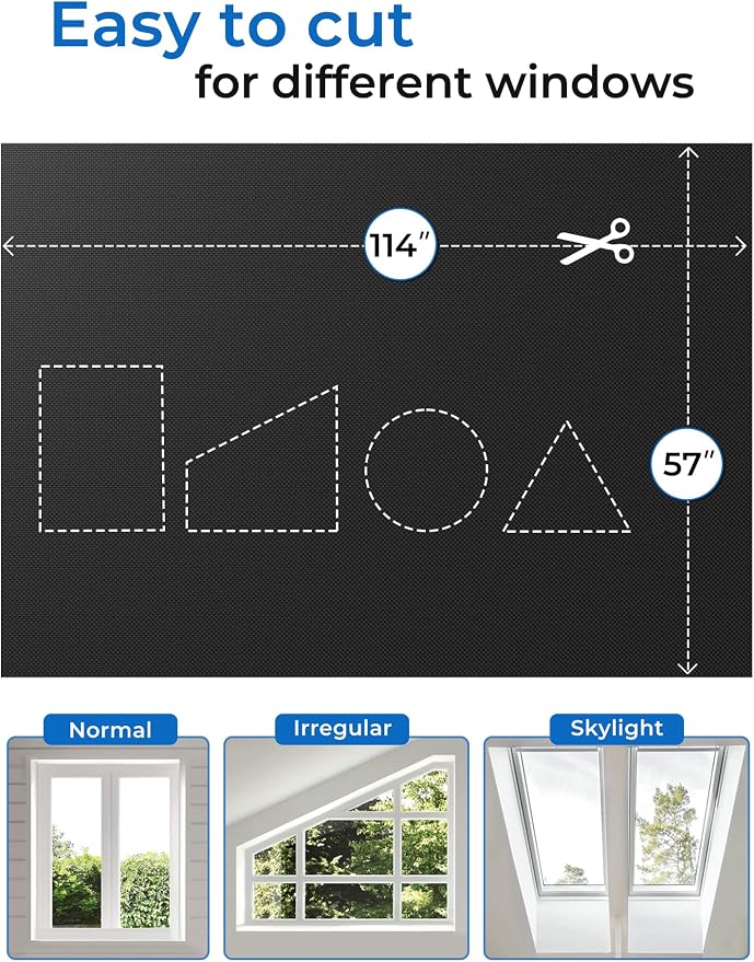 114"x60" Portable Blackout Curtains Blackout Blinds for Windows | 100% Blackout Window Shades with Hook & Loop Tapes Window Curtains Easy to Cut Fit for Bedroom, TV Room and Baby Room(Black)
