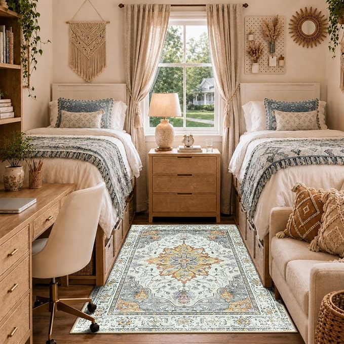 RELEANY Washable Area Rug, 3'x5', Beige/Carbon Grey/Orange | Non-Slip, Water Repellent, Pet Friendly, Easy to Clean, Vintage Floral Boho Decor for Living Room Bedroom Beside Kitchen