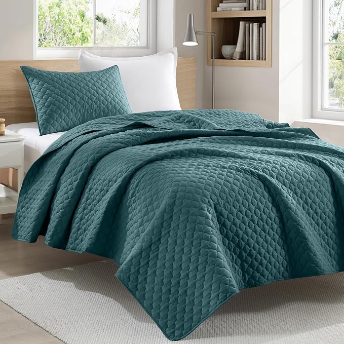 HORIMOTE HOME Quilt Twin Size Teal Blue, Lightweight Quilt for Summer Ultra-Soft Microfiber Modern Style Quilted Clouds Pattern Bedspread Quit Set 2 Pieces (1 Quilt and 1 Pillow Sham)