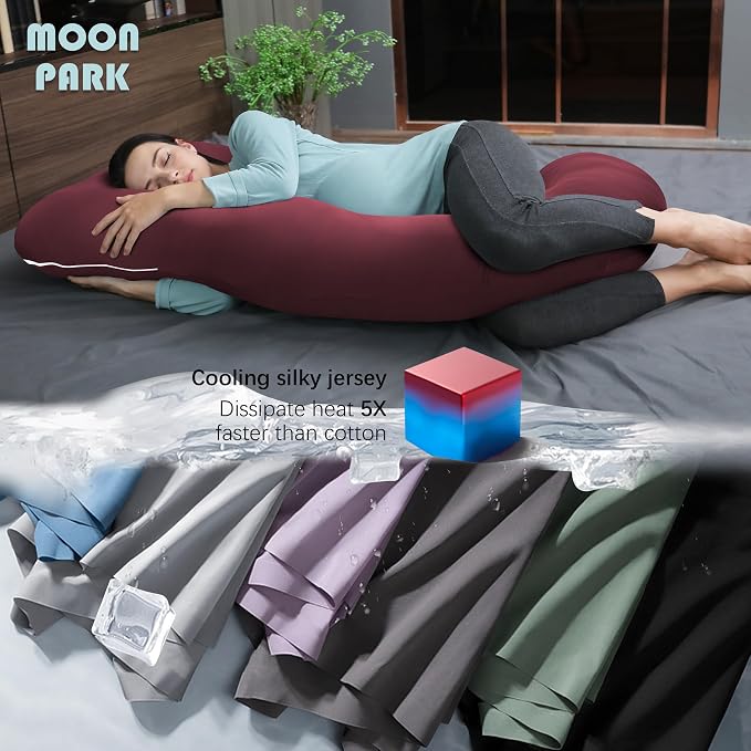 MOON PARK Pregnancy Pillows for Sleeping - U Shaped Full Body Maternity Pillow with Removable Cover - Support for Back, Legs, Belly, Hips - 57 Inch - Burgundy - Cooling Cover