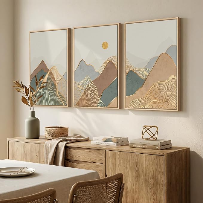 Framed Boho Abstract Modern Neutral Mountain Wall Art Bedroom, 16x24 Inch | 3 piece, Wall art for living room, Landscape pictures, Canvas artwork, Minimalist, Dining room wall art, Ready to hang