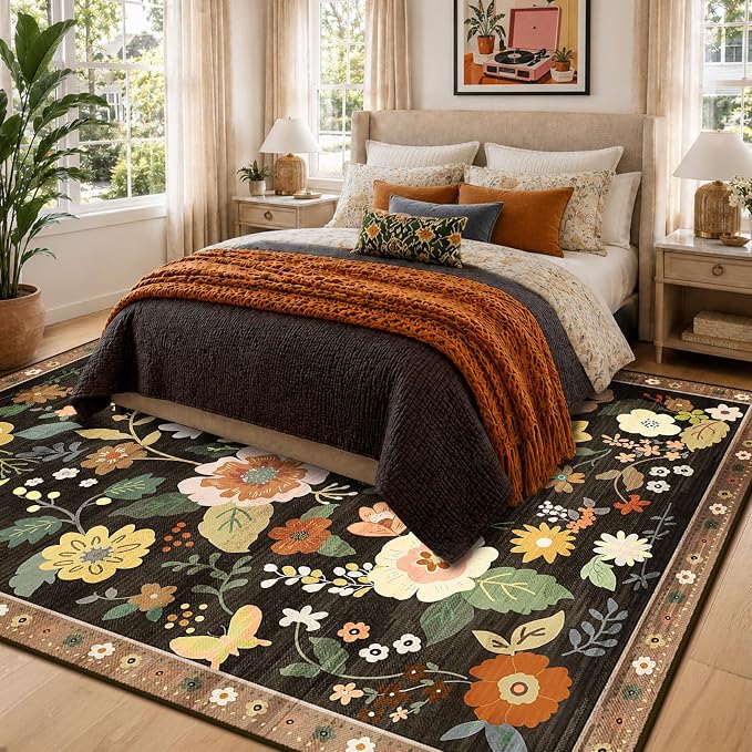 RELEANY Floral Washable 8x10 Area Rugs Black/Yellow | Flower Carpet, Print, Boho, Non-Slip, Easy to Clean, Soft, Low Pile for Living Room Bedroom Kitchen Office Entryway Hallway