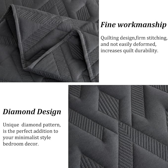 Cmfshape Diamond Embroidery Quilt Set,3 Pieces King Quilt Bedding Set,Lightweight Soft Quilt Set for All Seasons,Soft Bedspread Reversible Coverlet(Dark Gray,106"x96")