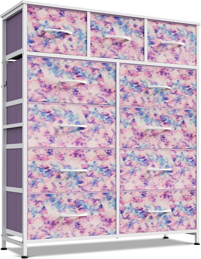 WLIVE Tall Dresser for Bedroom, 11 Drawer Chest of Drawers, Tie-Dye | 11 fabric storage drawers, Tall high-capacity design, Bedroom or dorm use, Sturdy steel frame, Smooth wood tabletop