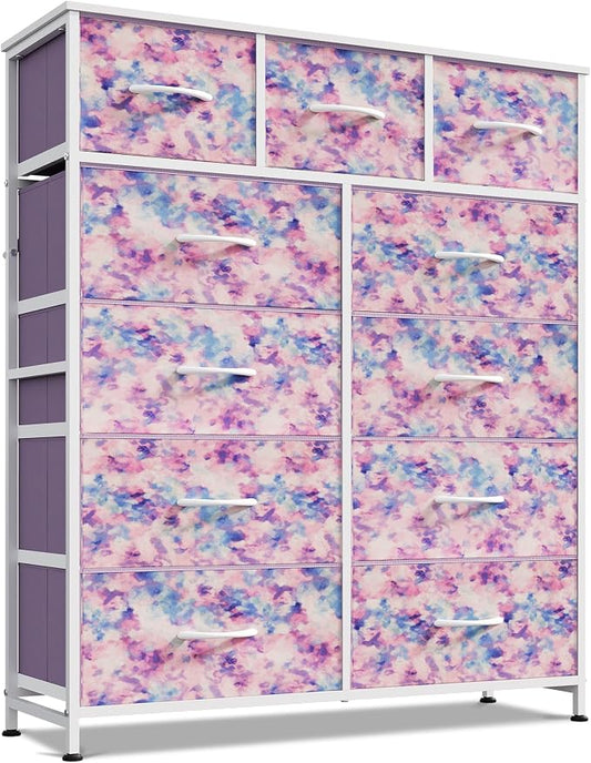 WLIVE Tall Dresser for Bedroom, 11 Drawer Chest of Drawers, Tie-Dye | 11 fabric storage drawers, Tall high-capacity design, Bedroom or dorm use, Sturdy steel frame, Smooth wood tabletop
