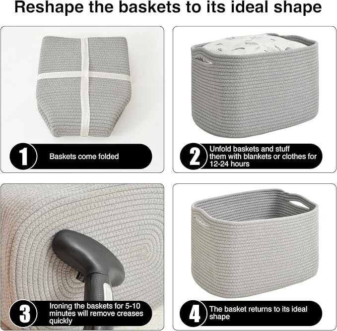 ICERZCZ Storage Baskets for Organizing & Shelves, Woven Cotton Rope Organization Bins for Dog Toys, Clothes, Books, Nursery Organizer, 15"Lx11"Wx9.5"H, (4 Packs) Grey