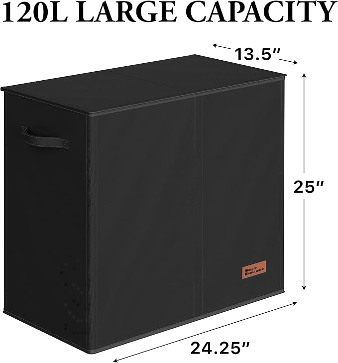 Simple Houseware Double Laundry Hamper with Lid & Removable Bags, Black | Heavy Duty 600D Polyester, Water-Resistant Surface