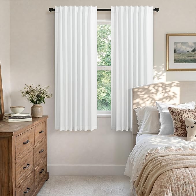 Black Out Curtains 72 Inch Long 6 ft Length 2 Panel Set Neutral Cute Blackout White Linen Look Living Room Darkening Window Drape for Bedroom Insulated Thermal Curtain for Winter Cold UV Cooling 52x72