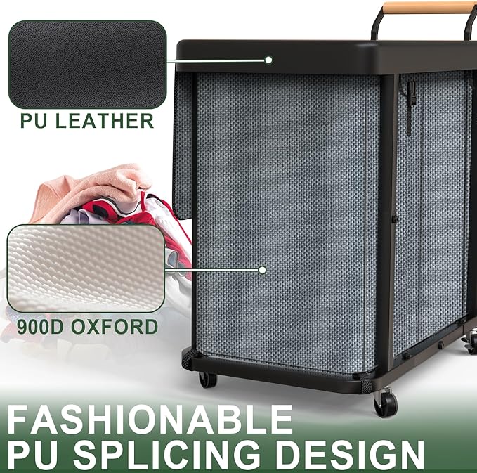 Laundry Hamper 3 Section with Lid,230L Rolling Dirty Clothes Hamper Grey | Laundry Basket with Wheels,Laundry Organizer Storage Cart with Sturdy Metal Frame and Wooden Handle for Laundry Room, Hotel