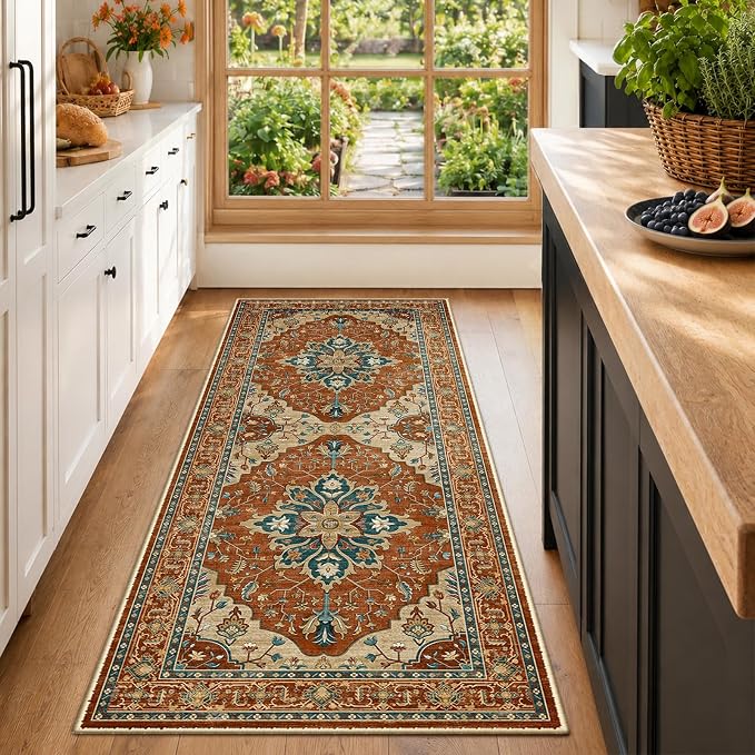 RELEANY Washable Area Rug, Runner 2'x6', Red/Orange/Blue/Brown | Non-Slip, Water Repellent, Pet Friendly, Easy to Clean, Vintage Floral Boho Decor for Kitchen Entry Bedroom Bedside Laundry