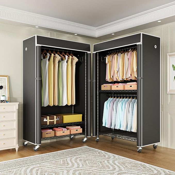 FUTASSI Clothing Rack with Cover, P1C Rolling Closets with Wheels | Metal Garment Rack for Hanging Clothes, Clothing Storage Wardrobe with Cover