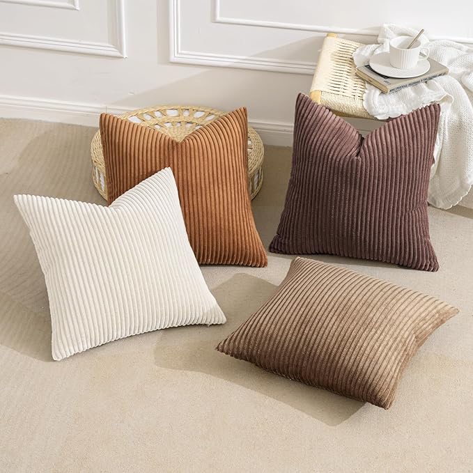 MIULEE Fall Corduroy Decorative Throw Pillow Covers Brown Series 18x18 | Set of 4, Mordern Rustic Fall Decor, Layered Brown Collection, Boho Farmhouse Cushion Covers for Couch Bed Sofa Living Room