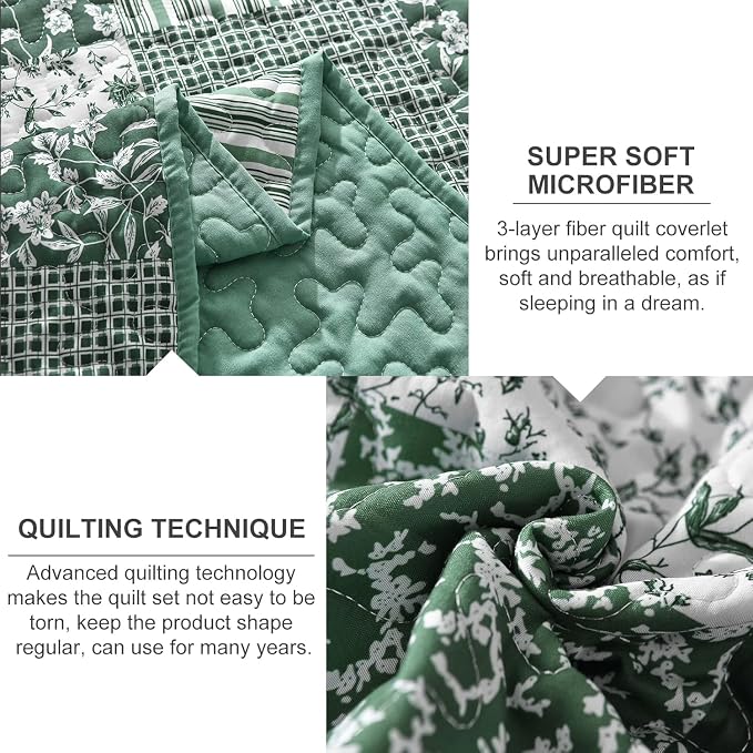 Mybedsoul Green Quilt Set Full Size, Patchwork Floral Bedding Set | Soft Lightweight Microfiber Coverlet Set, 3 Pieces Plaid Reversible Bedspread, Bed Sets for All Seasons 78"x90"