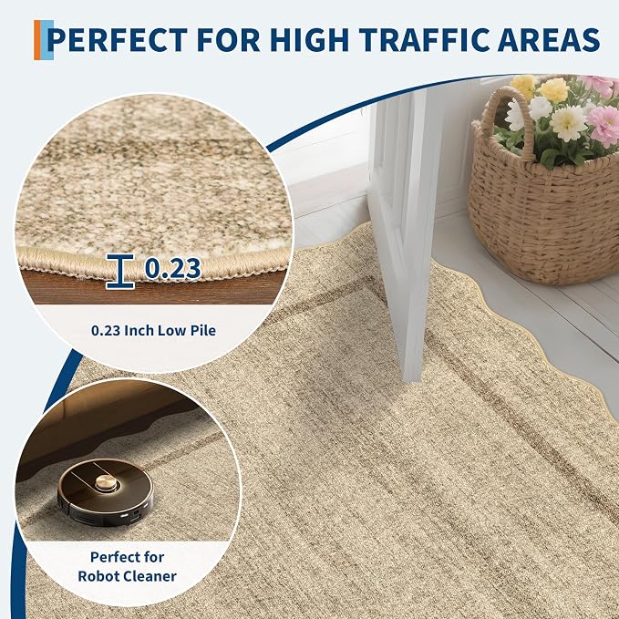 GarveeHome Scalloped Runner Rug for Hallway 2x10 Non Slip Washable | Kitchen Rugs Modern Entryway Rug Farmhouse Soft Bathroom Rugs Stain Resistant Carpet for Hallway Laundry Bedroom Jute Color