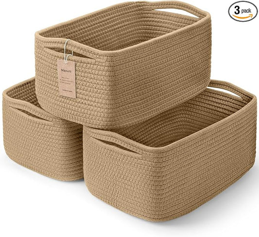 3 Pack Storage Baskets for Organizing, 13.7×9.5×6.3", Brown | Woven Baskets for Shelves, Cotton Rope Basket for Gifts Empty, Closet Organizer Bins with Handles, Cube Decorative Box