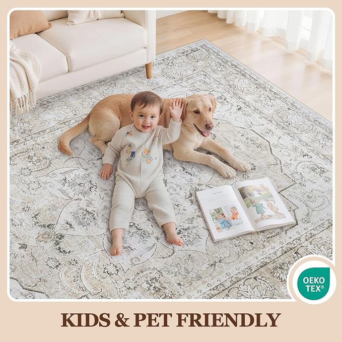 8x10 Washable Area Rugs for Living Room Beige White Non-Slip Rug | Vintage Medallion Rug，Soft Low Pile Large Rugs，Indoor Retro Carpet for Bedroom Nursery Dining Table Farmhouse Home Office