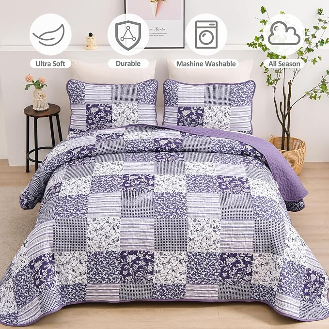 Mybedsoul Boho Quilts Queen Size, Patchwork Reversible Bedding Set, Purple | Soft Lightweight Microfiber Floral Coverlet Set, 3 Pieces Plaid Reversible Bedspread, Bed Sets for All Seasons 90"x96"