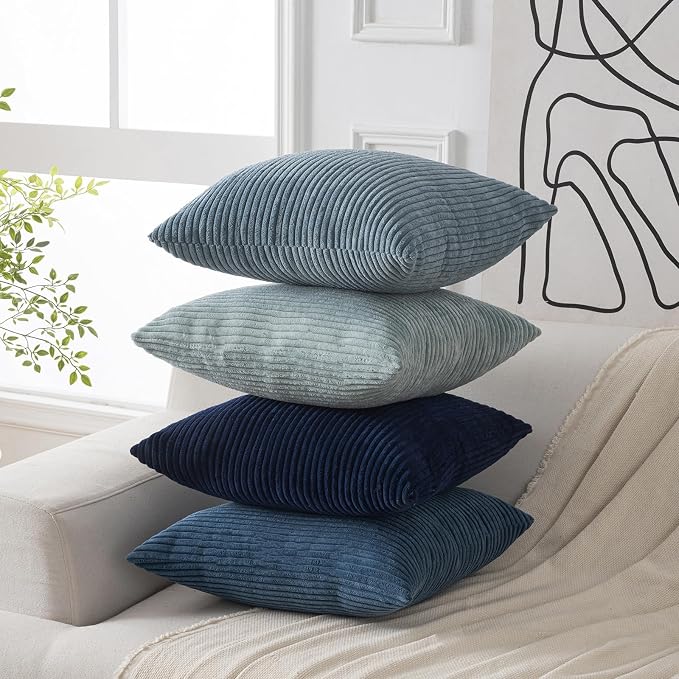 Volcanics Set of 4 Dusty Blue Navy Series Corduroy Pillow Covers 18x18 in | Decorative Modern Boho Striped Cushion Cases for Patio, Balcony, Children Bedroom, Summer Gradient Shams