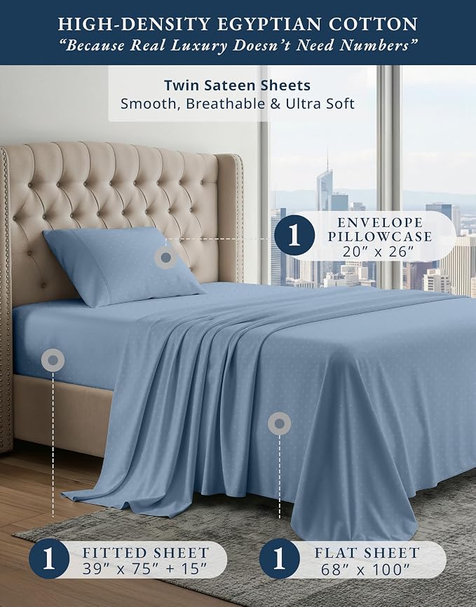 LANE LINEN Pink Twin Sheets 100% Egyptian Cotton Sateen - French Blue | Extra Long Twin Sheets For Dorm Room - 3-Piece Set, Ideal For Dorms And Guest Beds, For A Luxurious Night's Sleep