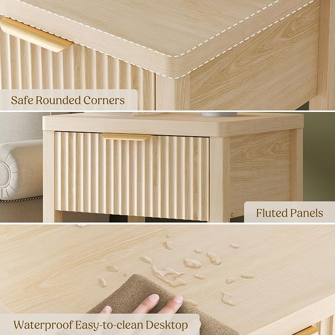 Night Stand Set 1, Fluted Wood Bedside Table w/Socket Station for Bedroom | Natural, Storage Drawer, Open Shelf, Metal Silent Rails, Round Corners, Modern Fluted Panel, Living Room, Bedside Table