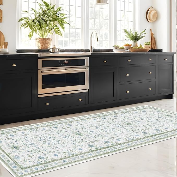 Washable Oushak 2x8 Bathroom Runner Rug - Vintage Turkish Floral 8ft Long Low Pile Non Slip Runners for Kitchen, Hallway - Cream Blue and Green