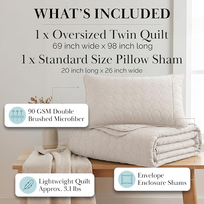 Southshore Fine Living, Inc. Twin XL Quilt Bedding Set, College Dorm Bedding Essentials, Stain Resistant, Microfiber Quilt, Twin XL Bedspread with Pillow Sham, Lightweight Bedspread, Bone Color