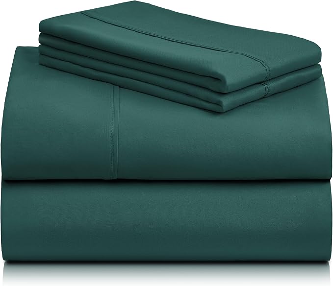 LuxClub California King Sheets Sets, Deep Pocket Cal King Sheet Bed Sheets 4PC, Cooling Sheet Cal King Size, Soft Breathable Hotel Bedding, Silky Fitted Sheet & Pillowcase Sets, Emerald Green | LuxClub Silky Fitted Sheet & Pillowcase Sets, Breathable H...