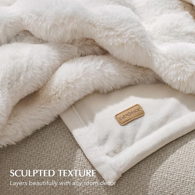 EverGrace Faux Rabbit Fur Bubble Throw Blanket, 50"x60", Ivory White | Ultra Soft, Luxury Faux Rabbit Fur Throw, Thick Warm Bubble Blanket, Cozy Fluffy Reversible, for Bed, Couch, Chair, Sofa