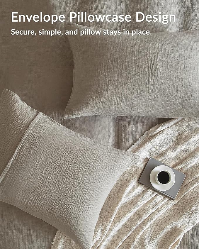 SE SOFTEXLY Muslin Duvet Cover Queen Size, 100% Washed Cotton Duvet Cover Set, Ultra Soft Comforter Cover Linen Like, 3 Pieces Minimalist Gauze Duvet Cover with 2 Pillowcases, 68"x90", Oatmeal