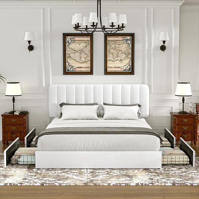 VECELO King Size Upholstered Bed Frame with 4 Drawers and Headboard, Velvet Platform Storage Bedframe, Wooden Slats Support, No Box Spring Needed,Snow-White