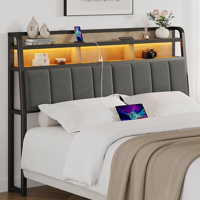 ComfyCorner Queen Size Headboard with Storage & LED Light, Black & Brown | Upholstered Ergonomic Head Board with Power Outlets & 2-Tier Storage, Queen Headboard Only, Bed Frame Mounting, Heavy Duty