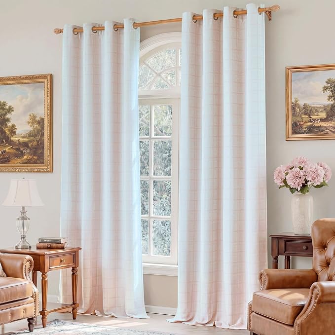Beauoop Pink Plaid Jacquard Blackout Curtains for Bedroom 52x63 2 Panels | Gingham Checkered Room Darkening Drapes for Living Room 63 Inch Long Thermal Insulated Soundproof Window treatment Grommet