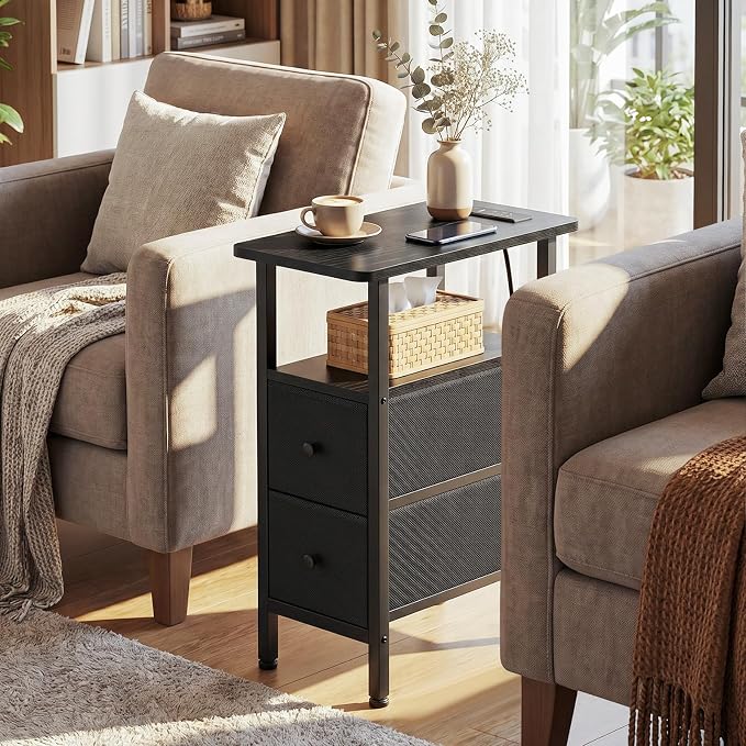 LOAKEKEL Narrow End Table with Charging Station, Small Nightstand | Skinny Side Tables Living Room with 2 Fabric Drawers, Slim Bedside Table for Bedroom, Small Spaces, Couch, Black