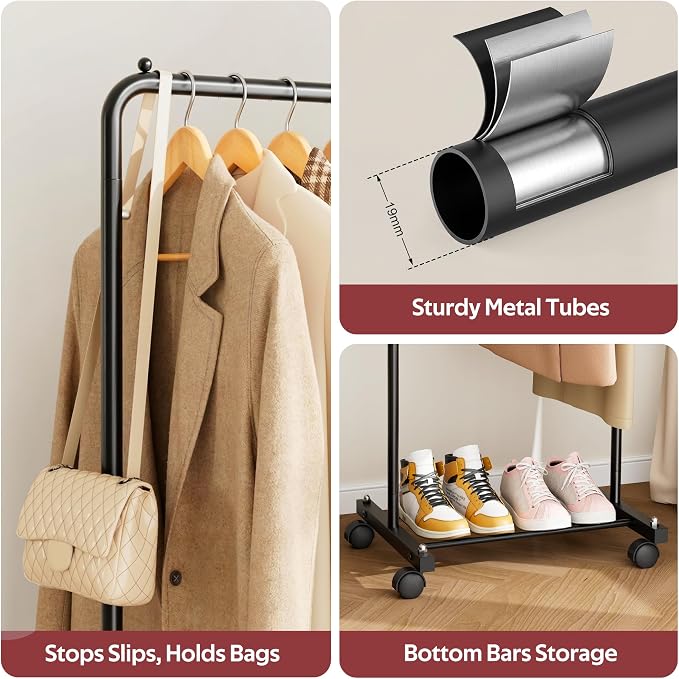 KIMBORA Small Clothing Rack with Wheels, Portable Clothes Racks for Hanging Clothes, 56" Metal Rolling Garment Rack for Coats, Jackets, and Shirts, Black