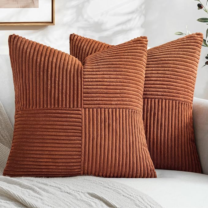 MIULEE Fall Rust Boho Decorative Throw Pillow Covers for Couch 20x20 Inch | 2 Pack, Boho Farmhouse Pillow Covers, Soft Cross Corduroy Patchwork Textured Cushion Cases For Bed Sofa