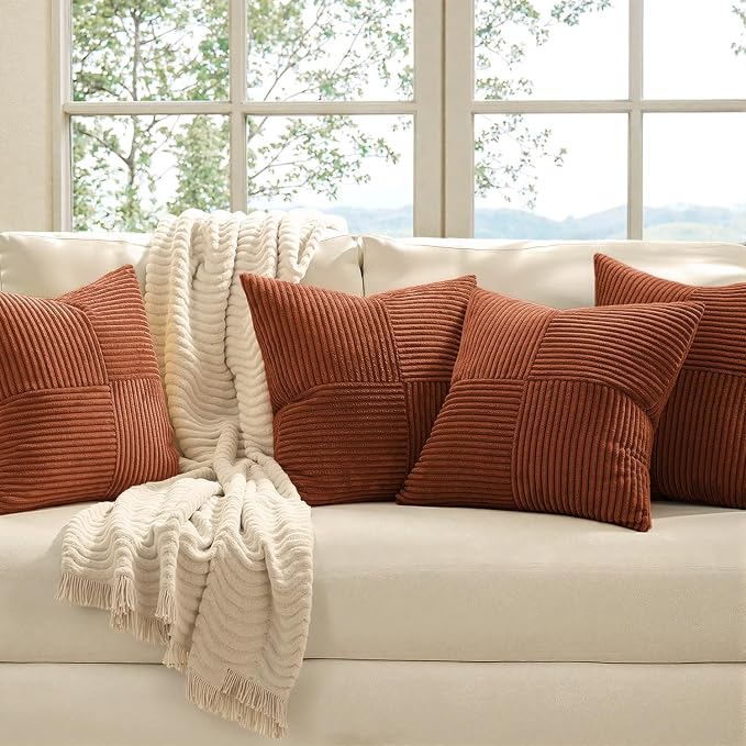 MIULEE Fall Boho Farmhouse Rust Decorative Throw Pillow Covers 18x18 Inch 4 Packs Soft Vintage Pillow Cases Modern Corduroy Patchwork Cushion Covers for Couch Sofa Bed Home Decor, Terracotta