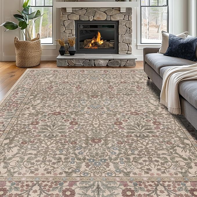 Extra Large 10x14 Area Rug for Living Room, Washable Rugs for Dining Room, Bedroom, Non Slip Stain Resistant Carpet, Low Pile Vintage Floral Rug (Moss)