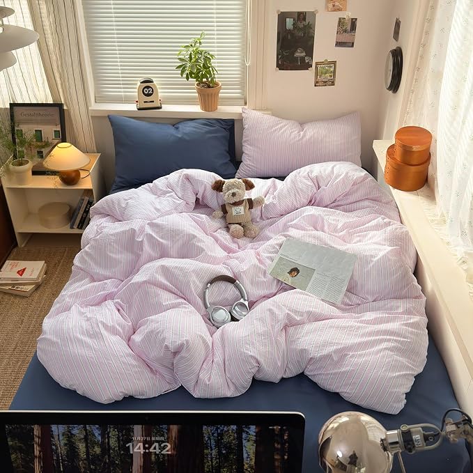 mixinni Pink White Striped Duvet Cover Queen Size, 3-Piece Washed Microfiber Vintage Striped Bedding Set, Soft Aesthetic Stripe Pattern Duvet Cover with Zipper Closure & Corner Ties for Women Girls
