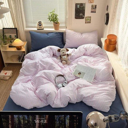 mixinni Pink White Striped Duvet Cover Twin XL Size, 3-Piece Washed Microfiber Vintage Striped Bedding Set, Soft Aesthetic Stripe Pattern Duvet Cover with Zipper Closure & Corner Ties for Women Girls