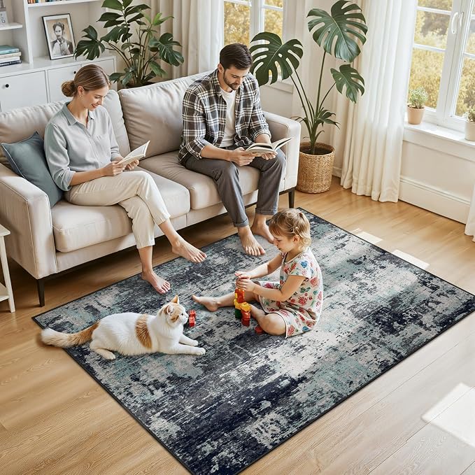 RELEANY Washable 4'x6' Abstract Area Rug for Living Room Teal Black | Carpet for Bedroom, Kitchen, Office, Hallway and Entryway, Printed Pattern, Non‑Slip, Soft, Stain‑Resistant, Easy to Clean