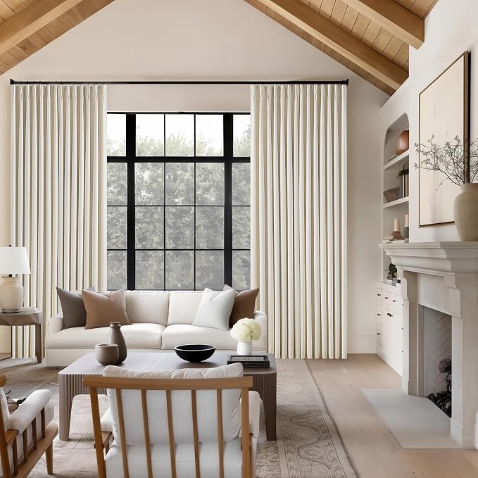 Cream Beige Pinch Pleated 120 Inch Curtains High Ceiling Linen Curtains | 100% Blackout Heat Insulated, for Living Room Bedroom Large Window, Pinch Pleat Back Tab, Bohemian Cottage, 2 Panels Set