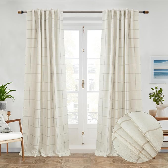 DriftAway 100% Blackout Plaid Linen Curtains 90 Inches Long 2 Panels Taupe | 100% Blackout, Linen Texture, Plaid Pattern, Two Layers, Rod Pocket & Back Tab, Bedroom Living Room Use, Luxury Appearance