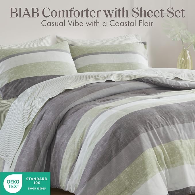 Madison Park Essentials Jaxon Queen Comforter Set, Bed in A Bag Comforter & Sheet Set, Modern Casual Stripes Print, All Seasons, Soft Bedding Makeover, Matching Sham, Queen Green/Grey 7 Piece